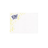 small white flat card with illustrated yellow confetti and navy blue "yay!"