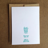 backside of the card with teal word that read "frog & toad press, frogandtoadpress.com, made in Providence, Rhode Island"