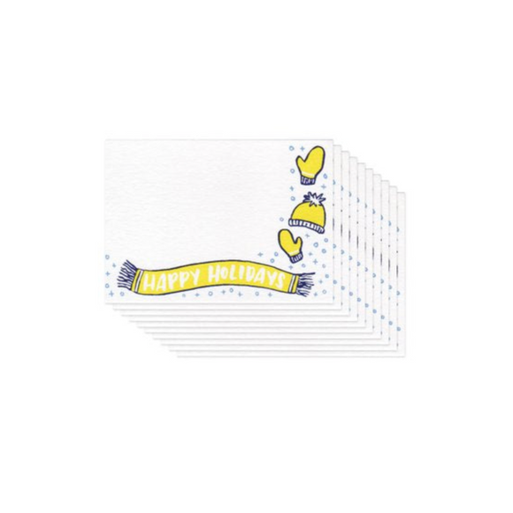 A set of 10 mini greeting cards without envelopes featuring a yellow scarf with text on it that says 