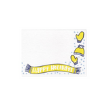 A set of 10 mini greeting cards without envelopes featuring a yellow scarf with text on it that says "happy holidays". To the top right there are a matching set of yellow mittens and winter hat with space to fill out your greeting on the left.